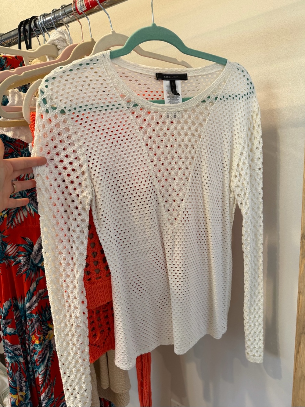 BCBGeneration White Open-Knit Long Sleeve Top